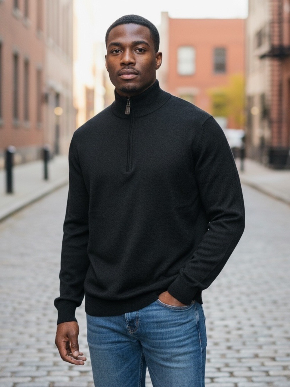 Jos A Bank Traveler Mens Sweater XL Black 100% Merino Wool Quarter Zip Pullover